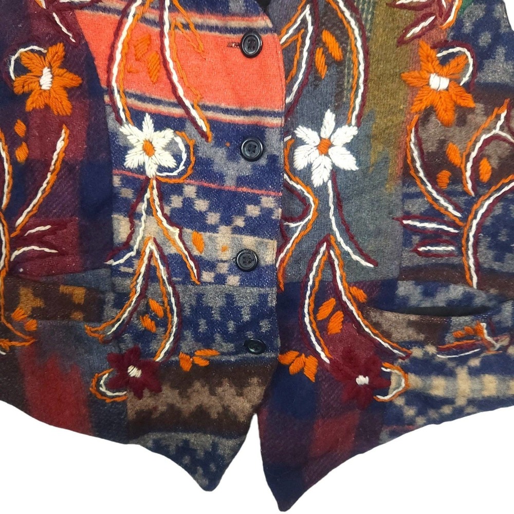 Vintage Wool Blend Vest Large Floral Embroidered Fleece J Gee Floral Tribal Fall - Picture 3 of 5